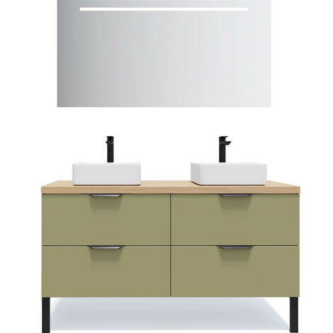 Meuble de salle de bain suspendu 2 vasques à poser 140cm 4 tiroirs Vert olive + miroir - Soho