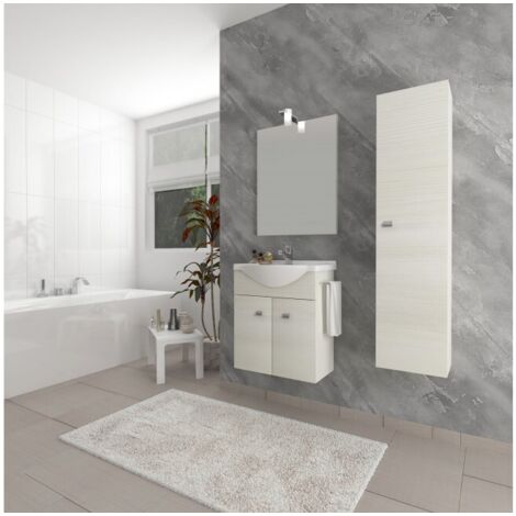 Meuble de salle de bain suspendu 55 cm en bois chêne blanc avec lavabo en céramique et miroir avec lampe led - Polis