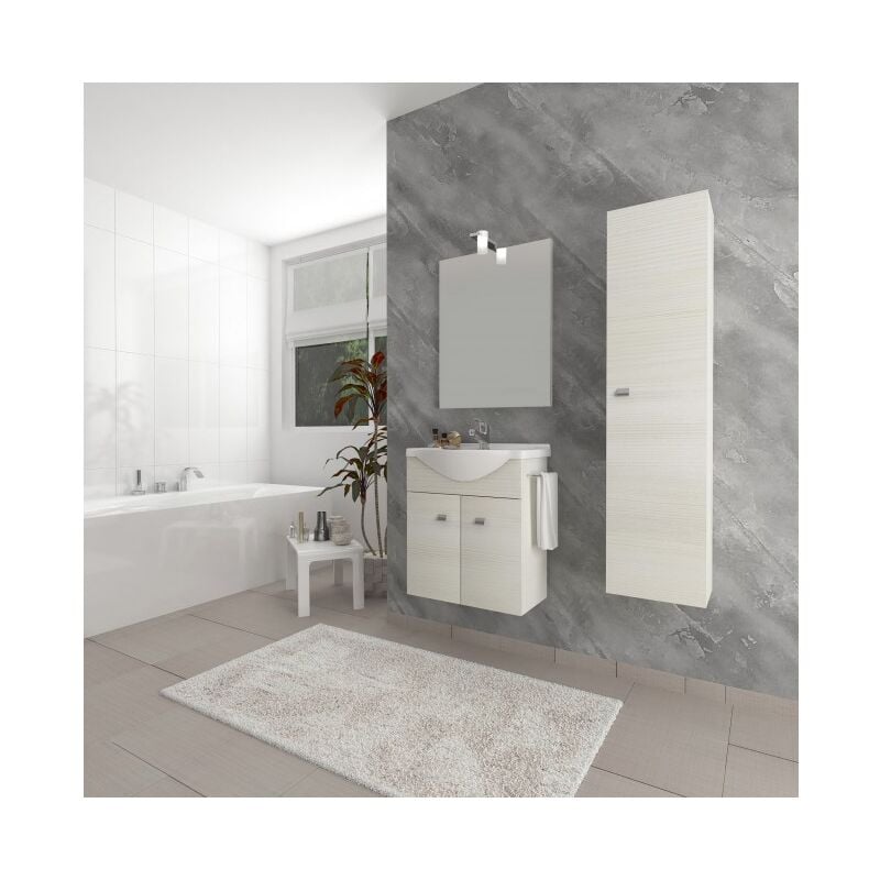 Abitare - Meuble de salle de bain suspendu 55 cm en bois chêne blanc avec lavabo en céramique et miroir avec lampe led - Polis