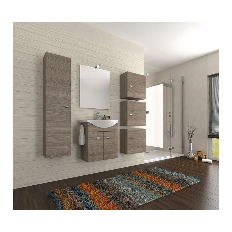 Abitare - Meuble de salle de bain suspendu 55 cm en bois de chêne fumé avec lavabo en céramique et miroir avec lampe led - Polis