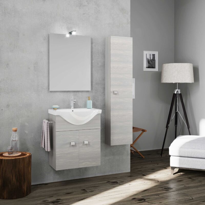 Kiamami Valentina - Meuble De Salle De Bain Suspendu 56,5Cm Gris Avec Colonne, Lavabo+Miroir Facile