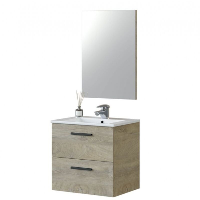 Abitare - Meuble de toilette suspendu 60 cm chêne avec miroir et lavabo - Siracusa - Chêne clair Avec lampe Led