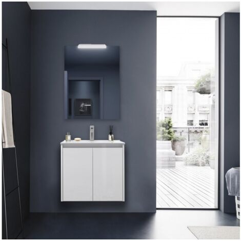 Meuble de salle de bain suspendu 60 cm en bois blanc satiné avec vasque intégré - Nova - Standard