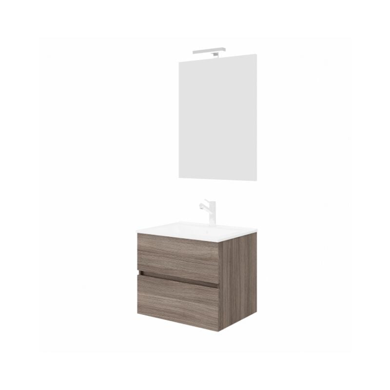 Meuble de salle de bain suspendu 60 cm en bois de chêne fumé avec vasque et miroir - Empoli - Avec miroir et lampe led