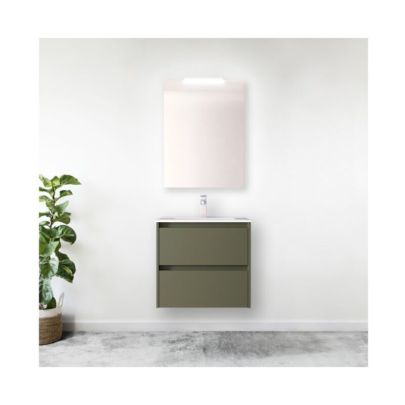 Abitare - Meuble de salle de bain suspendu 60 cm en bois vert satiné avec vasque intégré - Nova - Standard