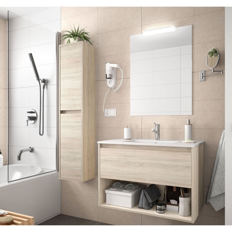 Abitare - Meuble de salle de bain suspendu 60 cm en bois de chêne de Calédonie avec vasque intégré - Nova - 60 cm Avec colonne miroir et lampe led