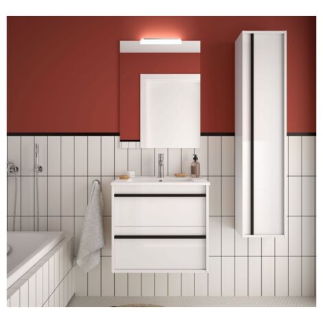 Meuble de salle de bain suspendu 60 cm Nevada en bois Blanc brillant avec lavabo en porcelaine | 60 cm - Standard