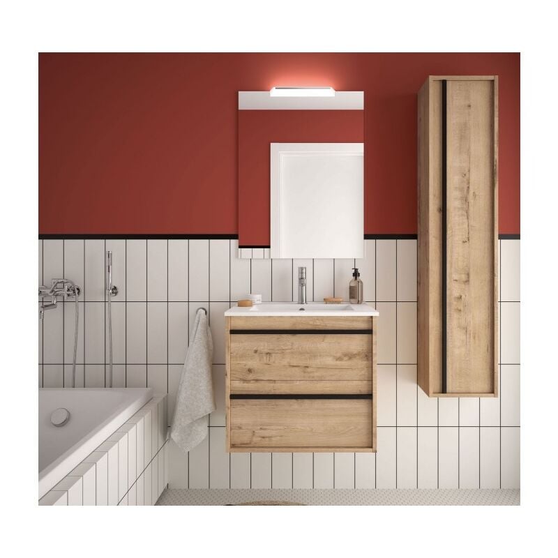 Meuble de salle de bain suspendu 60 cm en bois de chêne ostippo avec lavabo intégré - Astoria - 60 cm Avec double colonne miroir et lampe à LED