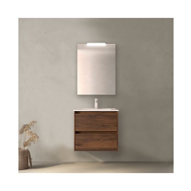 Meuble de salle de bain suspendu 60 cm en bois de noyer maya avec vasque en porcelaine - Nova - 60 cm Avec miroir et lampe LED