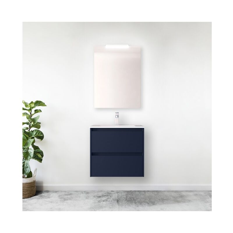 Abitare - Meuble de salle de bain suspendu 70 cm en bois bleu satiné avec vasque intégré - Nova - Avec miroir et lampe led