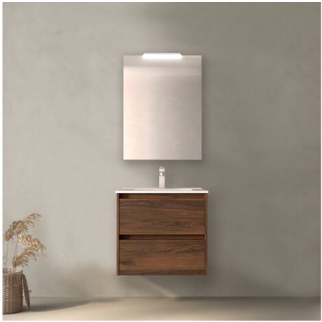 Meuble de salle de bain suspendu 70 cm en bois de noyer maya avec lavabo en porcelaine - Nova - 70 cm Standard