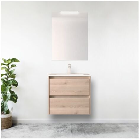 Meuble de salle de bain suspendu 70 cm en bois naturel avec vasque intégré - Nova - Standard