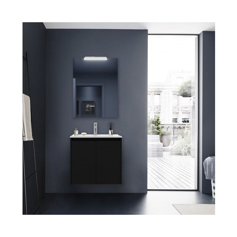Caesaroo - Meuble de salle de bain suspendu en bois noir satiné 70 cm avec 2 portes - Nova - Avec miroir et lampe led