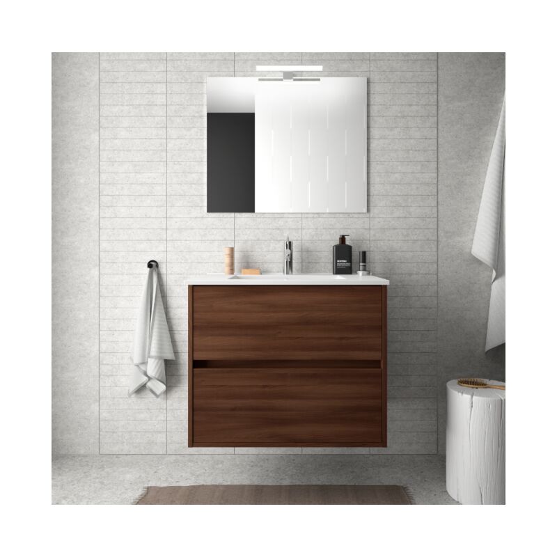 Meuble De Salle De Bain Suspendu 70 Cm Marron Acacia Avec