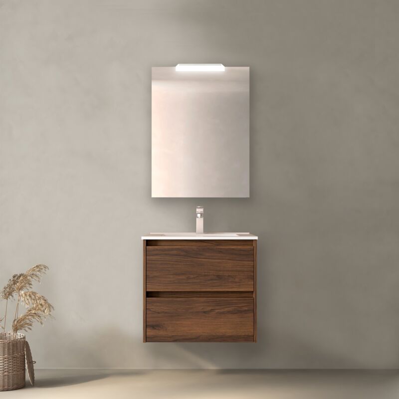 Meuble de salle de bain suspendu 70 cm en bois de noyer maya avec lavabo en porcelaine - Nova - 70 cm Avec miroir et lampe LED