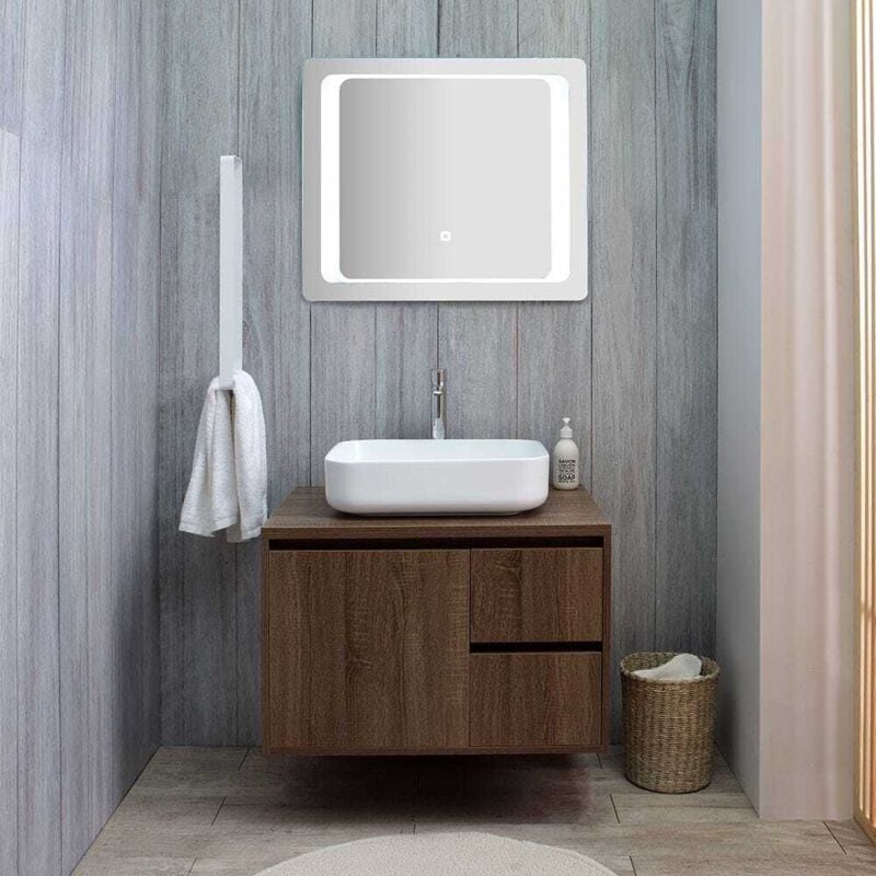Kiamami Valentina - Meuble De Salle De Bain Suspendu 75 Cm Noyer Foncé Et Miroir Led Tactile Siena