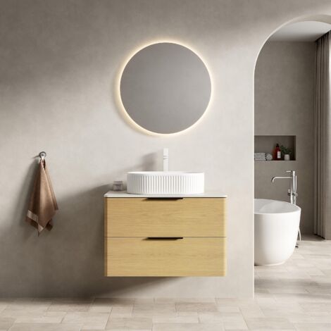 Meuble de salle de bain suspendu 75 cm – Vasque ovale blanche, plan en travertin reconstitué, corps en contreplaqué à bords arrondis finition chêne, 2 tiroirs – Chêne