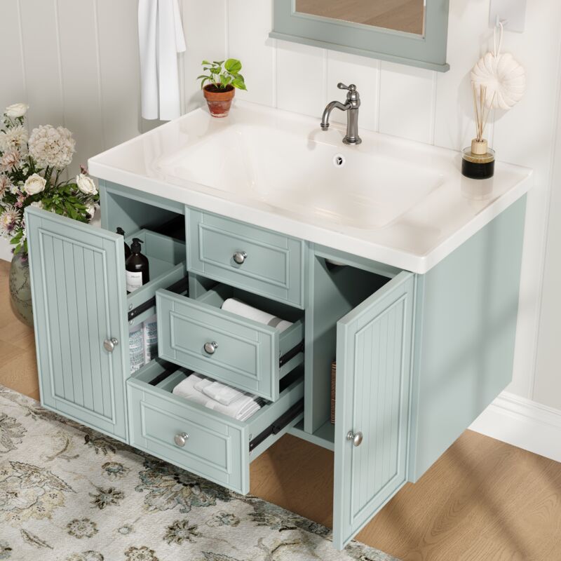 Eifson - Meuble de salle de bain suspendu 78,5x46x46,8 cm avec lavabo, 3 tiroirs, 1 double tiroir, 1 armoire – Vert