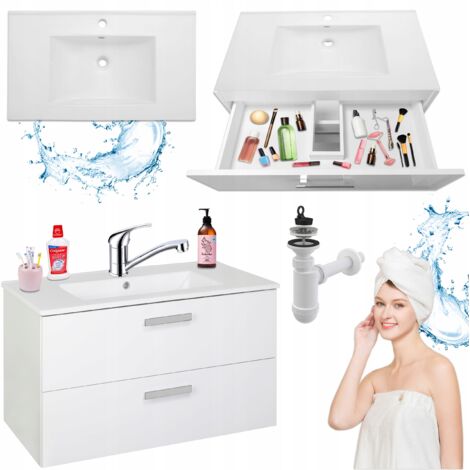 Meuble de salle de bain suspendu - 80 cm - Blanc - Élégant et fonctionnel - Avec lavabo et robinet
