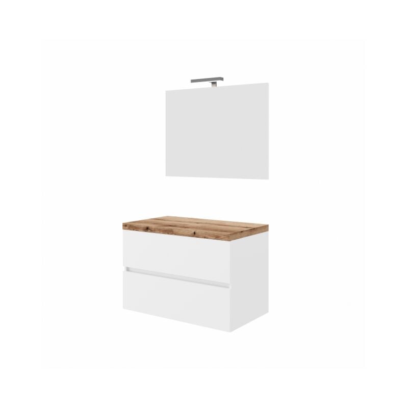 Meuble de salle de bain suspendu 80 cm en bois blanc brillant et plateau en chêne naturel avec vasque et miroir - Civo - Con colonna specchio e