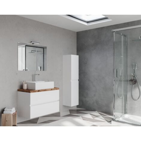 Meuble de salle de bain suspendu 80 cm en bois blanc brillant et plateau en chêne naturel avec vasque et miroir - Civo - Con specchio e lavabo rettangolare