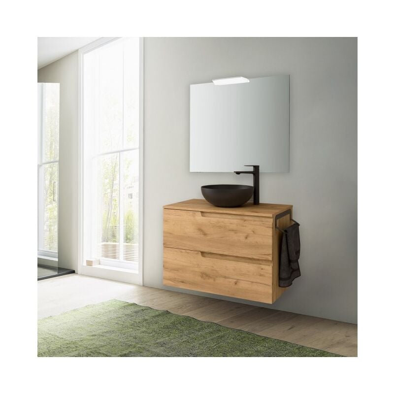 Abitare - Meuble de salle de bain suspendu 80 cm en bois de chêne africain avec vasque à poser - Vanda - Standard