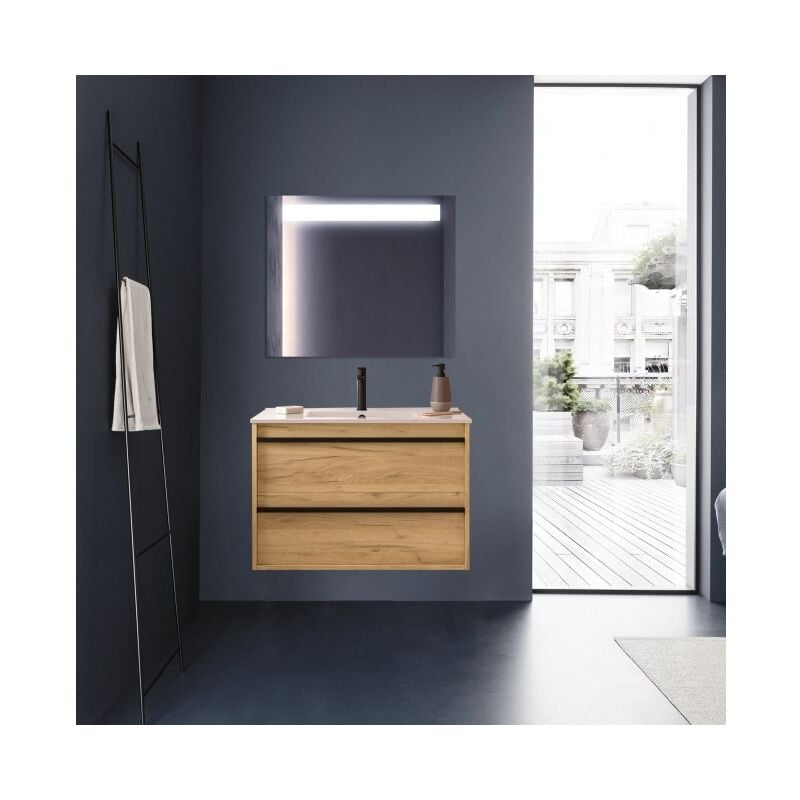 Abitare - Meuble de salle de bain suspendu 80 cm en bois de chêne africain avec vasque intégré - Astoria - Standard