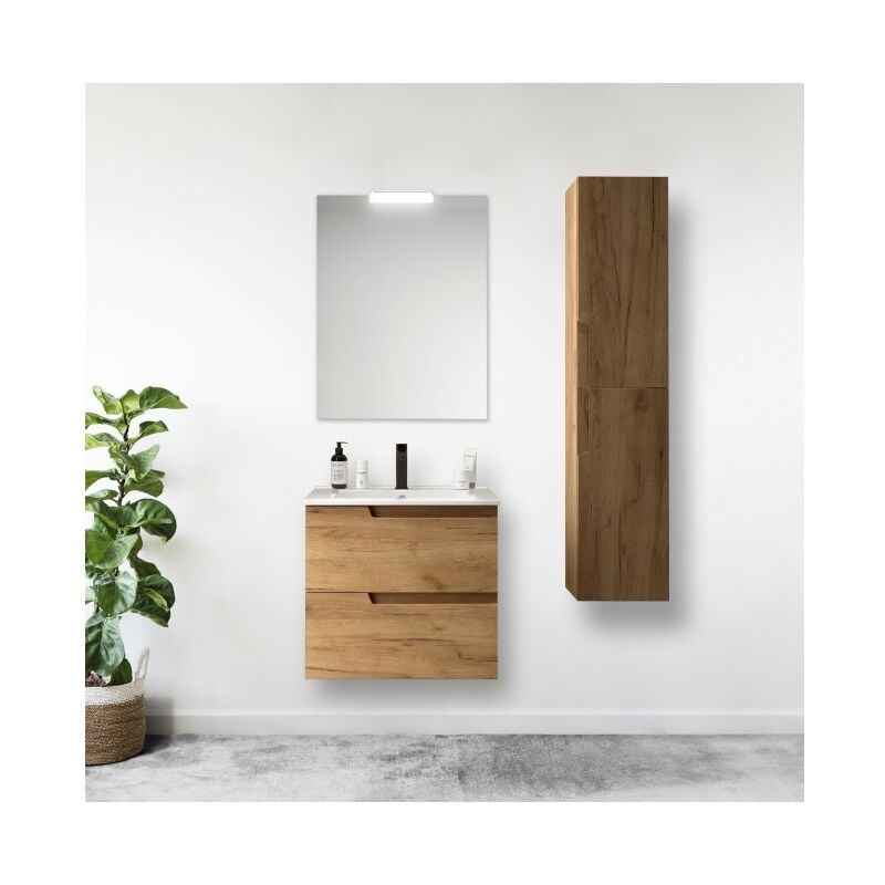 Abitare - Meuble de salle de bain suspendu 80 cm en bois de chêne africain avec vasque intégré - Vanda - Avec colonne miroir et lampe led