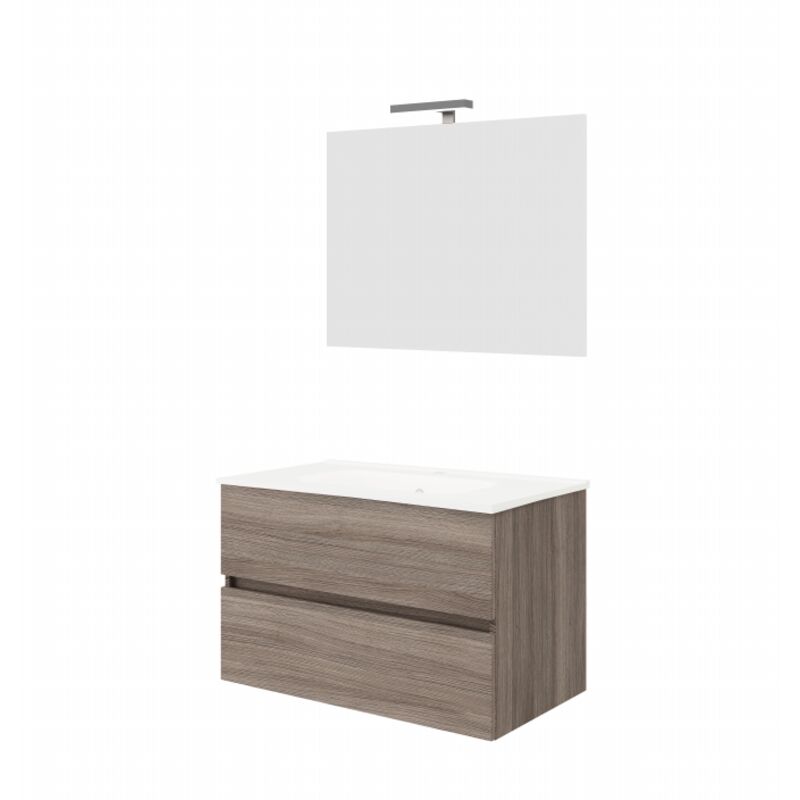 Abitare - Meuble de salle de bain suspendu 80 cm en bois de chêne fumé avec vasque et miroir - Empoli - Avec miroir et lampe led