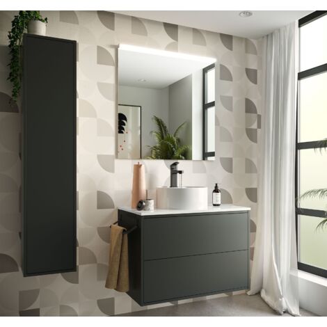 Meuble de salle de bain suspendu 80 cm en bois noir mat avec vasque - Olympus - 80 cm Avec colonne miroir et lampe LED
