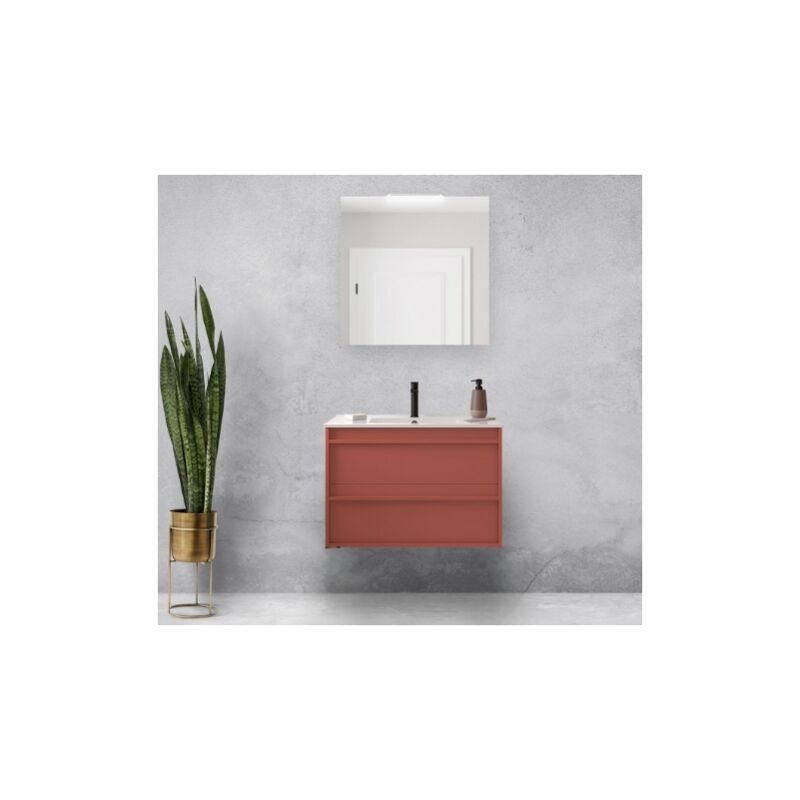 Abitare - Meuble de salle de bain suspendu 80 cm en bois rouge satiné avec vasque intégrée - Astoria - Standard