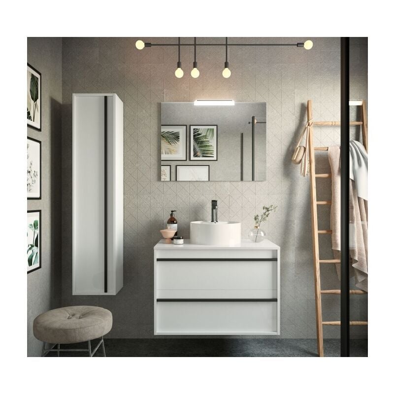 Abitare - Meuble de salle de bain suspendu 80 cm en bois blanc satiné avec vasque - Astoria - 80 cm Standard