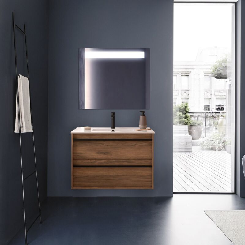 Caesaroo - Meuble de salle de bain suspendu 80 cm en bois de noyer maya avec lavabo intégré - Astoria - 80 cm Avec miroir et lampe led