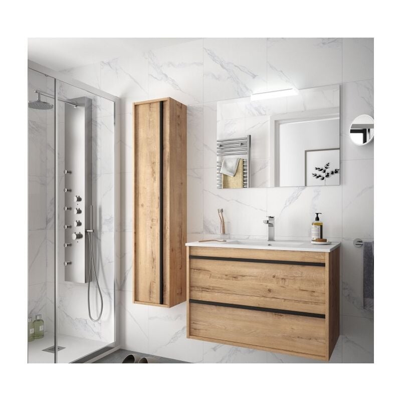 Abitare - Meuble de salle de bain suspendu 80 cm en bois de chêne ostippo avec vasque intégré - Astoria - 80 cm Avec colonne miroir et lampe led