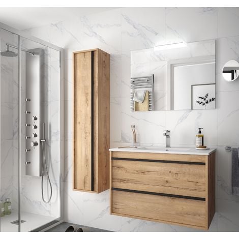 main image of "Meuble de salle de bain suspendu 80 cm Nevada en bois couleur chêne ostippo avec lavabo en porcelaine"