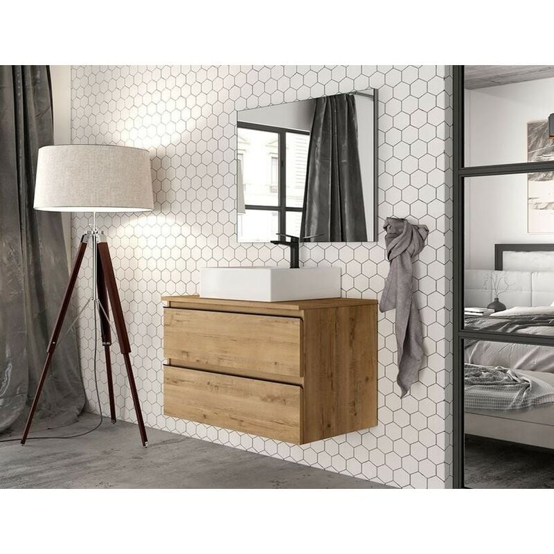 Meuble de salle de bain suspendu 80 cm en bois de chêne Ostippo avec lavabo sur pied - Italia - 80 cm Standard