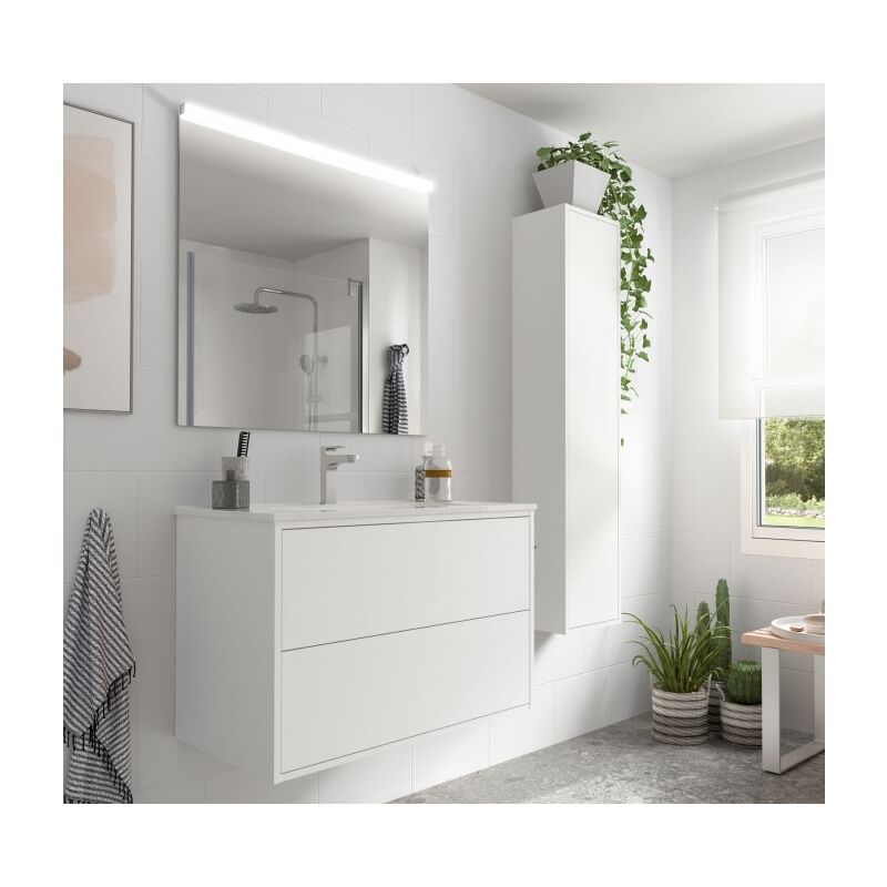 Caesaroo - Meuble de salle de bain suspendu 80 cm en bois blanc mat avec vasque intégré - Olympus - 80 cm Avec colonne