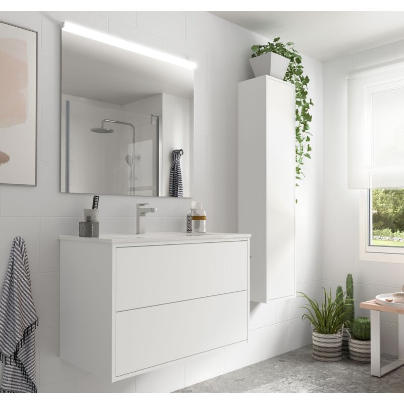 Meuble de salle de bain suspendu 80 cm en bois blanc mat avec vasque intégré - Olympus - 80 cm Avec colonne miroir et lampe LED