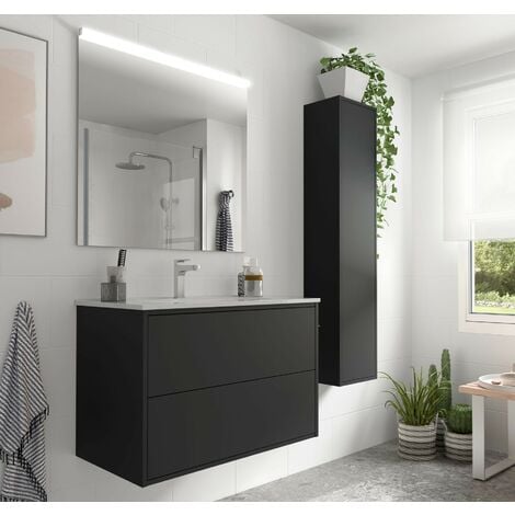 Meuble de salle de bain suspendu 80 cm Ulisse en bois couleur Noir mat avec lavabo en porcelaine | 80 cm - Standard