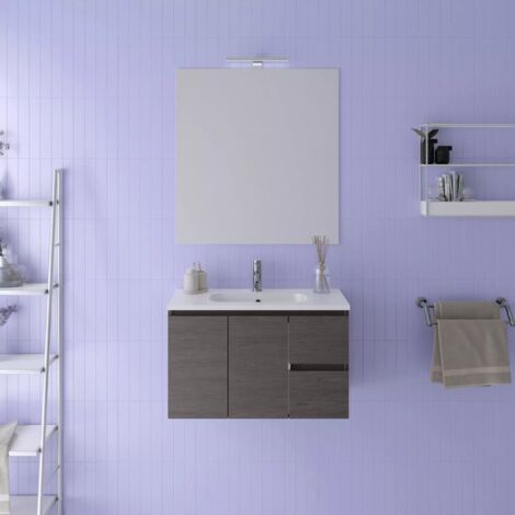 Meuble de salle de bain suspendu 80cm chêne foncé avec lavabo inclus et miroir Mod. Rata