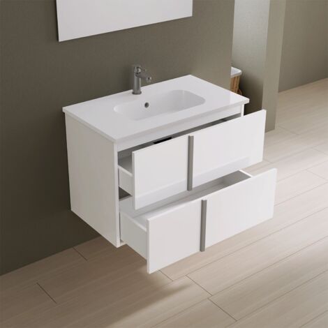 Meuble de salle de bain suspendu 80cm Gloss White avec lavabo inclus et miroir Mod. Hoia