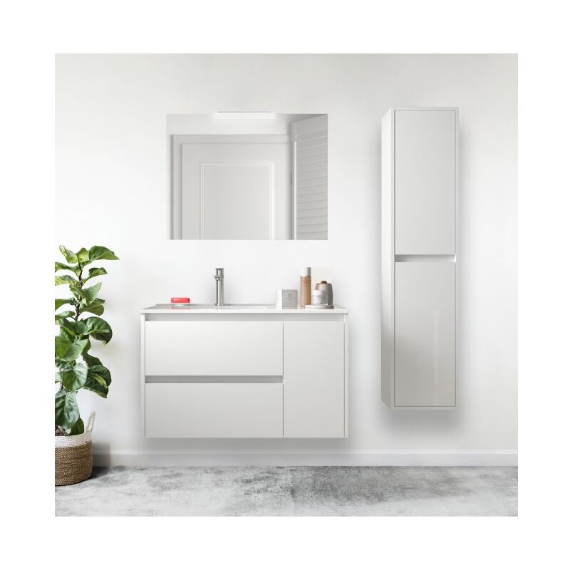 Caesaroo - Meuble de salle de bain suspendu 85 cm en bois blanc brillant avec vasque intégré - Nova - Avec colonne