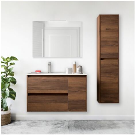Meuble de salle de bain suspendu 85 cm en bois de noyer maya avec lavabo intégré - Nova - 85 cm Standard