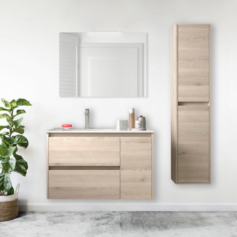 Abitare - Meuble de salle de bain suspendu 85 cm en bois naturel avec vasque en porcelaine - Nova - Avec miroir et lampe led