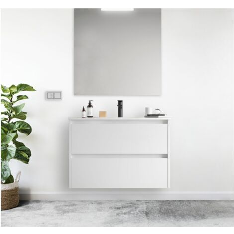 meuble de salle de bain suspendu 90 cm blanc laque avec