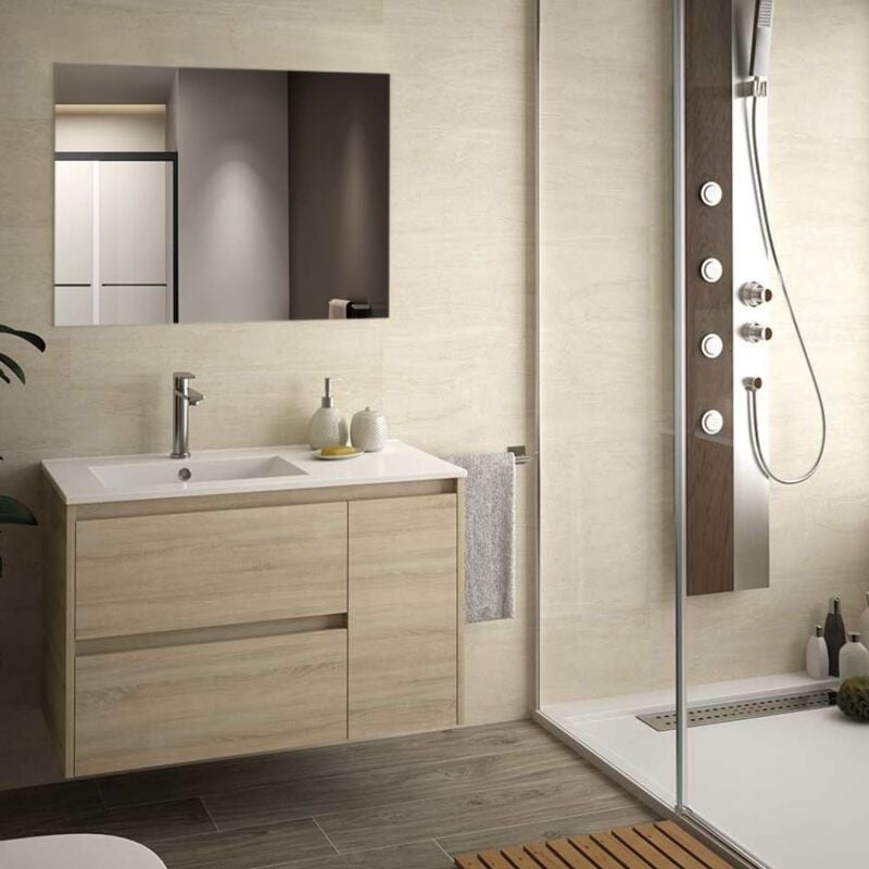 Toscohome - Meuble de salle de bain suspendu 90 cm en chêne avec lavabo et miroir - Resia