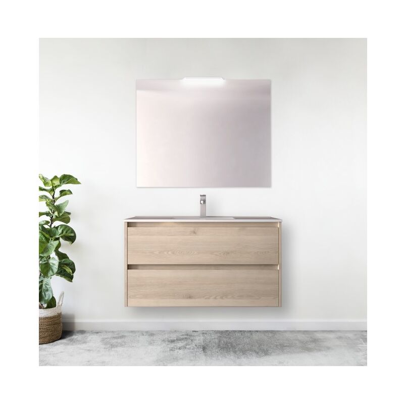 Caesaroo - Meuble de salle de bain suspendu 90 cm en bois naturel avec vasque intégré - Nova - Avec colonne miroir et lampe led