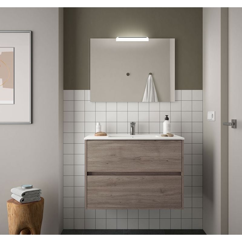 Caesaroo - Meuble de salle de bain suspendu 90 cm chêne eternity avec lavabo en porcelaine Avec miroir et lampe led - 90 cm