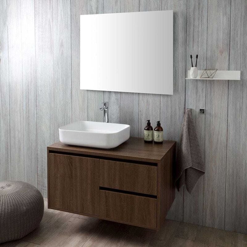 Kiamami Valentina - Meuble De Salle De Bain Suspendu 90Cm Noyer Foncé, Lavabo D'appui, Miroir Siena