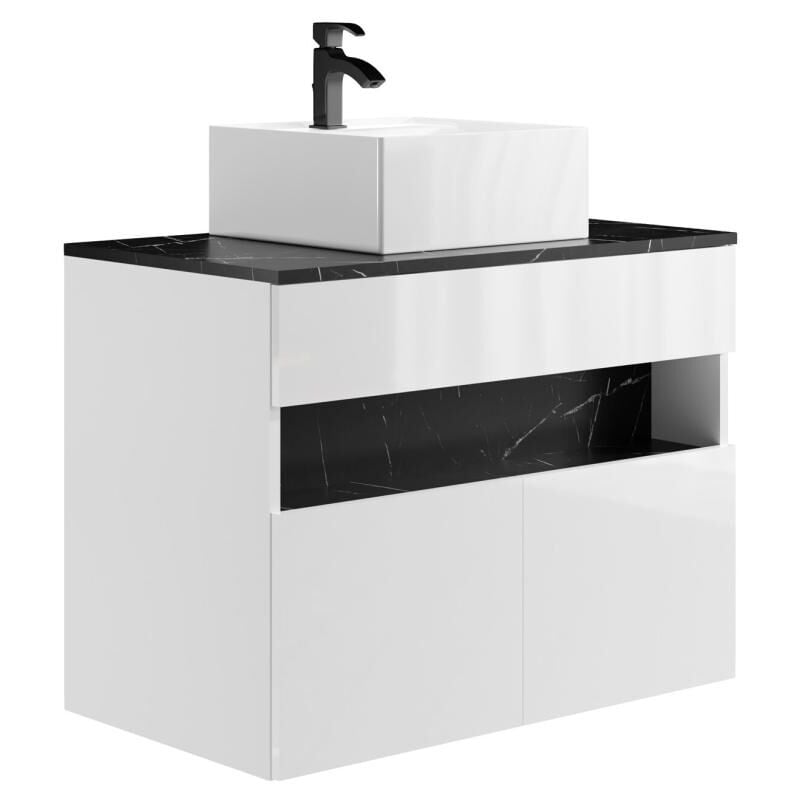 Vente-unique - Meuble de salle de bain suspendu à LEDs avec vasque à poser - Blanc et noir effet marbre - L80 cm - pozega